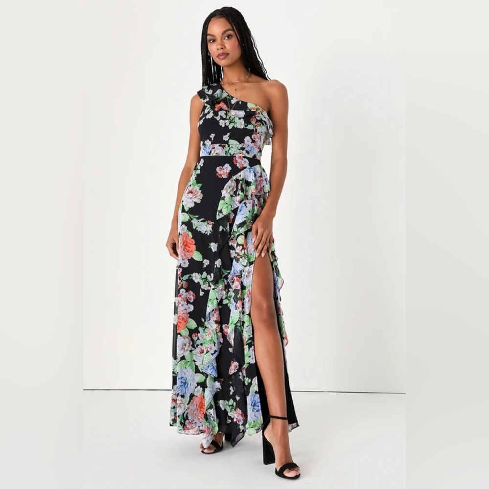 Lulus Floral One-Shoulder Black Dress